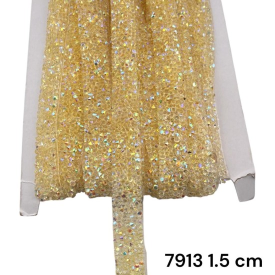 סרט אבנים מיקרו-קריסטל זהב בהיר הולוגרפי עם דבק 1.5 ס״מ 7913