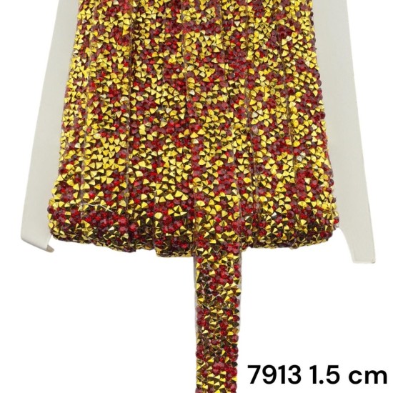 סרט אבנים זהב‑אדום פירמידלי עם דבק 1.5 ס״מ 7913