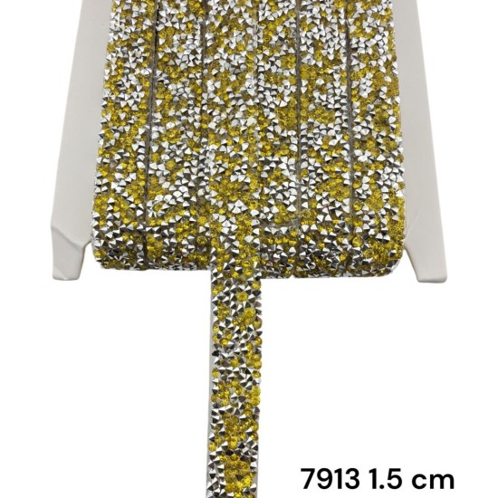 סרט אבנים צהוב‑כסף פירמידלי עם דבק 1.5 ס״מ 7913