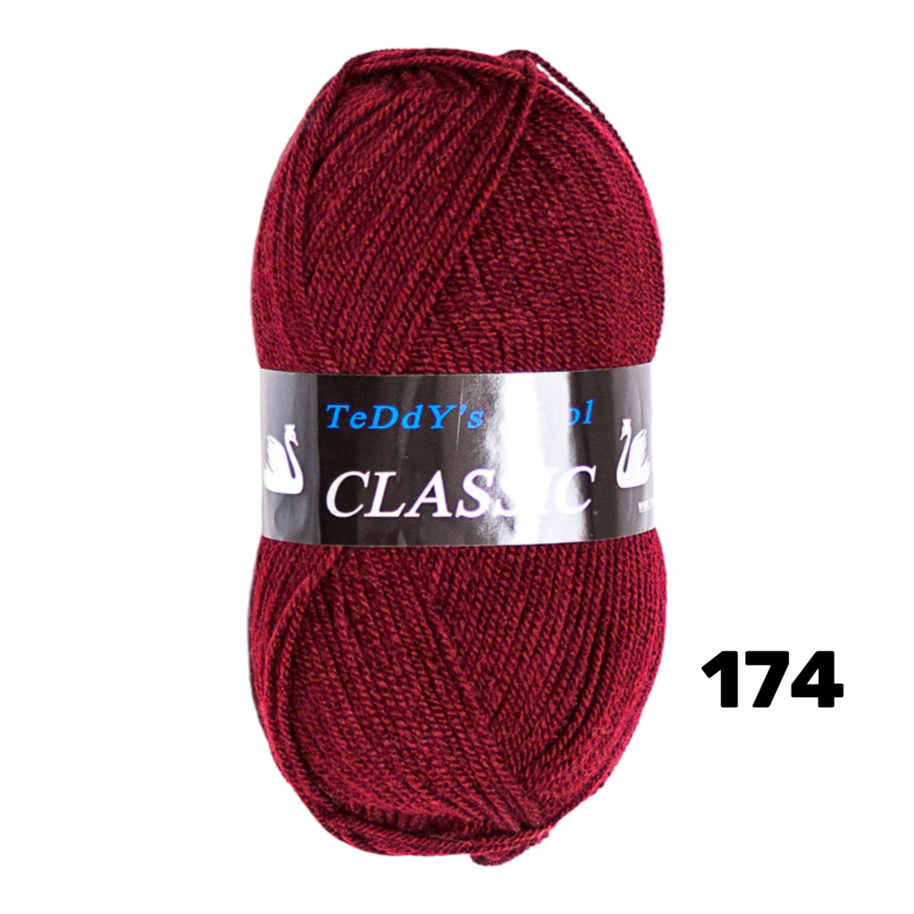 חוט סריגה Teddy's Wool CLASSIC צבע 174 – אדום יין / בורדו – 100% אקרילן פרימיום – 100 גרם / 220 מטר