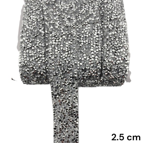 סרט אבנים פירמידלי כסף עם דבק 2.5 ס״מ