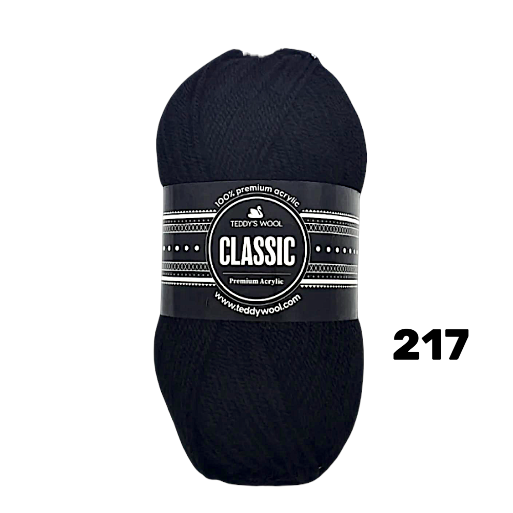 חוט סריגה Teddy's Wool CLASSIC צבע 217 – שחור – 100% אקרילן פרימיום – 100 גרם / 220 מטר