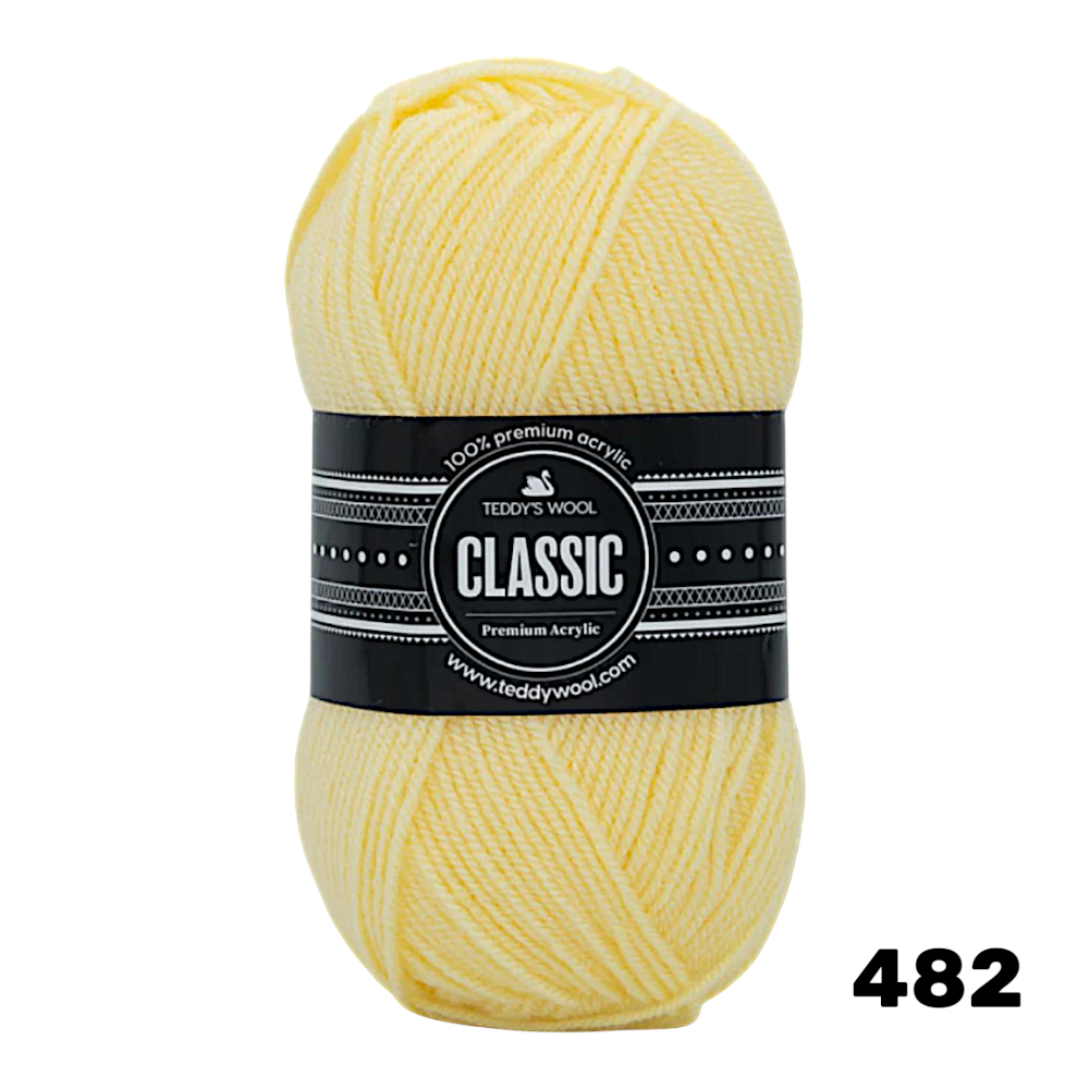חוט סריגה Teddy's Wool CLASSIC צבע 482 – צהוב בהיר פסטלי – 100% אקרילן פרימיום – 100 גרם / 240 מטר