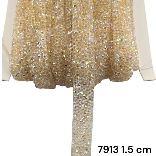 סרט אבנים מיקרו-קריסטל שמפניה הולוגרפי עם דבק 1.5 ס״מ 7913