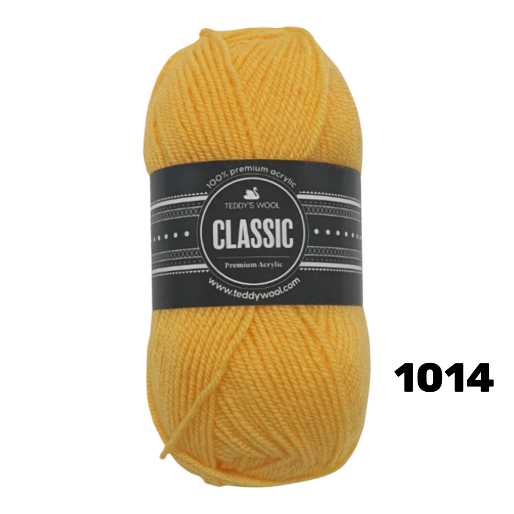 חוט סריגה Teddy's Wool CLASSIC צבע 1014 – צהוב שמש – 100% אקרילן פרימיום – 100 גרם / 220 מטר