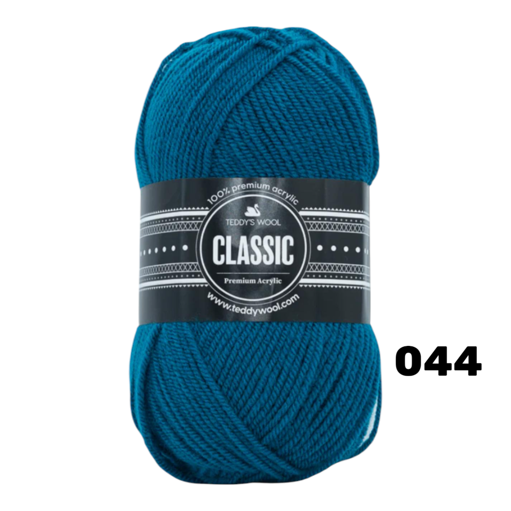 חוט סריגה Teddy's Wool CLASSIC צבע 044 – כחול טורקיז כהה – 100% אקרילן פרימיום – 100 גרם / 220 מטר