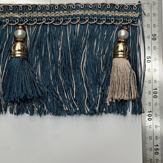 פס קישוט עם גדילים טורקיז-כחול ובז׳ 10 ס״מ עם חרוזי פנינה וזהב דגם 9239