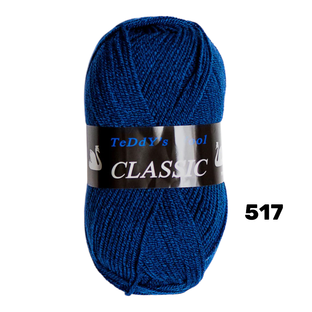 חוט סריגה Teddy's Wool CLASSIC צבע 517 – כחול כהה / נייבי – 100% אקרילן פרימיום – 100 גרם / 220 מטר