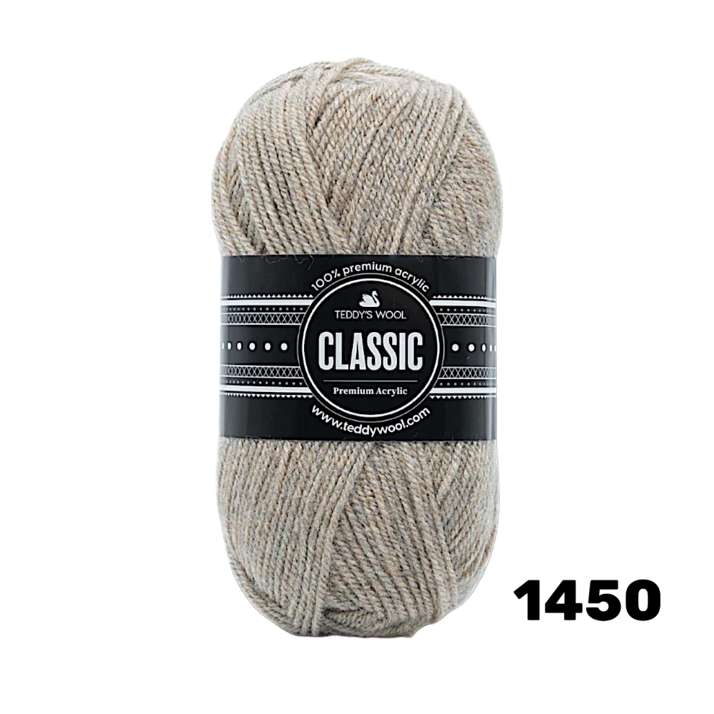 חוט סריגה Teddy's Wool CLASSIC צבע 1450 – בז' טבעי מרל – 100% אקרילן פרימיום – 100 גרם / 220 מטר