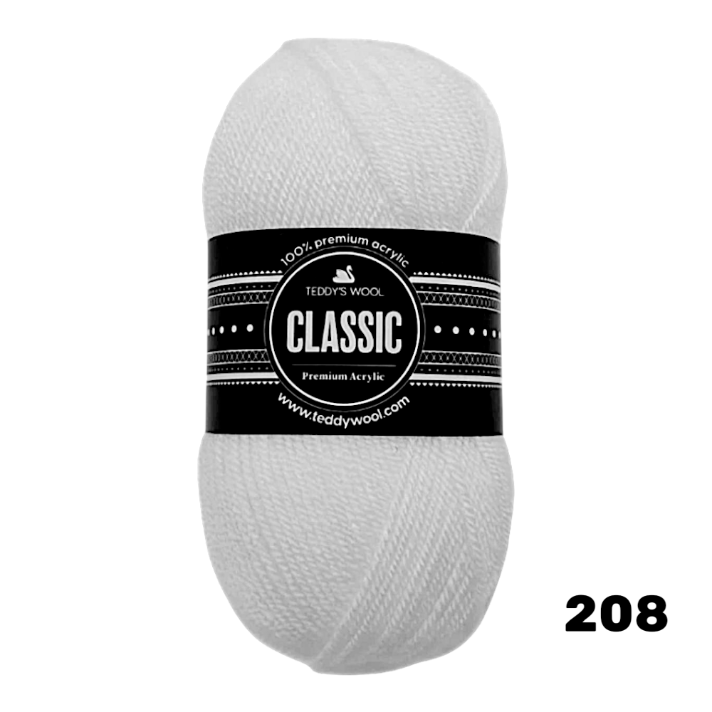 חוט סריגה Teddy's Wool CLASSIC – צבע 208 לבן טהור – 100% אקריליק פרימיום – 100 גרם / 220 מטר