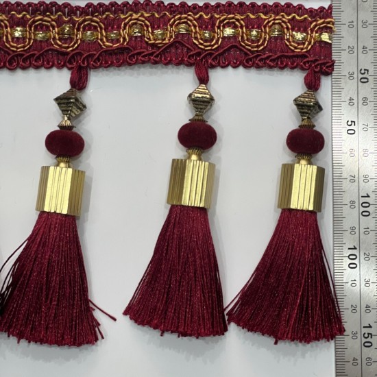 פס קישוט עם גדילים בורדו 12 ס״מ עם חרוזים דקורטיביים דגם9241