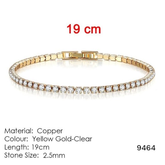 צמיד טניס זהב צהוב עם זירקונים שקופים | דגם 9464 | באורך 19 ס״מ