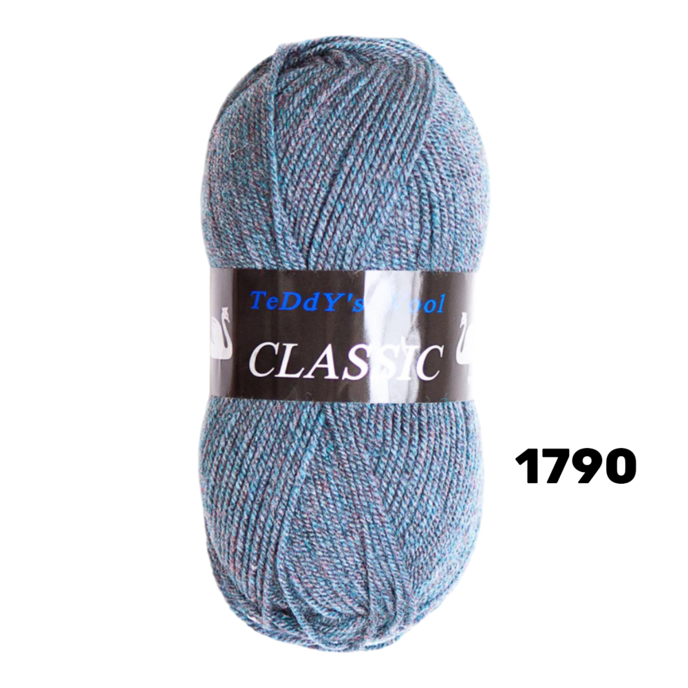 חוט סריגה Teddy's Wool CLASSIC צבע 1790 – כחול ג׳ינס מרל ירקרק – 100% אקרילן פרימיום – 100 גרם / 220 מטר