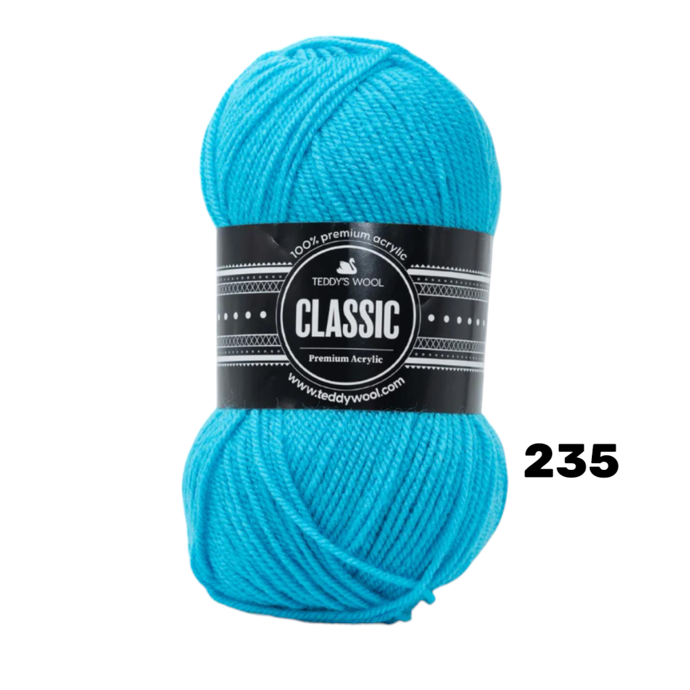 חוט סריגה Teddy's Wool CLASSIC צבע 235 – טורקיז/תכלת בוהק – 100% אקרילן פרימיום – 100 גרם / 220 מטר