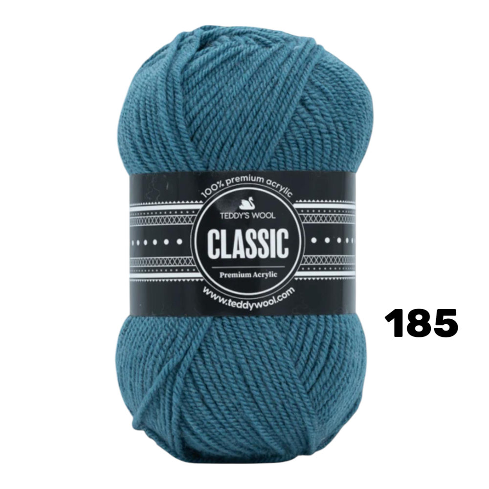 חוט סריגה Teddy's Wool CLASSIC צבע 185 – טורקיז מעושן / כחול‑ירוק – 100% אקרילן פרימיום – 100 גרם / 220 מטר