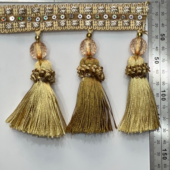 פרנז זהוב עם חרוזים ורדרדים וסרט פאייטים – 10 ס״מ דגם9242