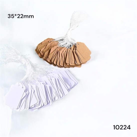 תוויות קרטון עם חוט לקשירה חבילה של 100 יחידות – 35×22 מ”מ | דגם 10224