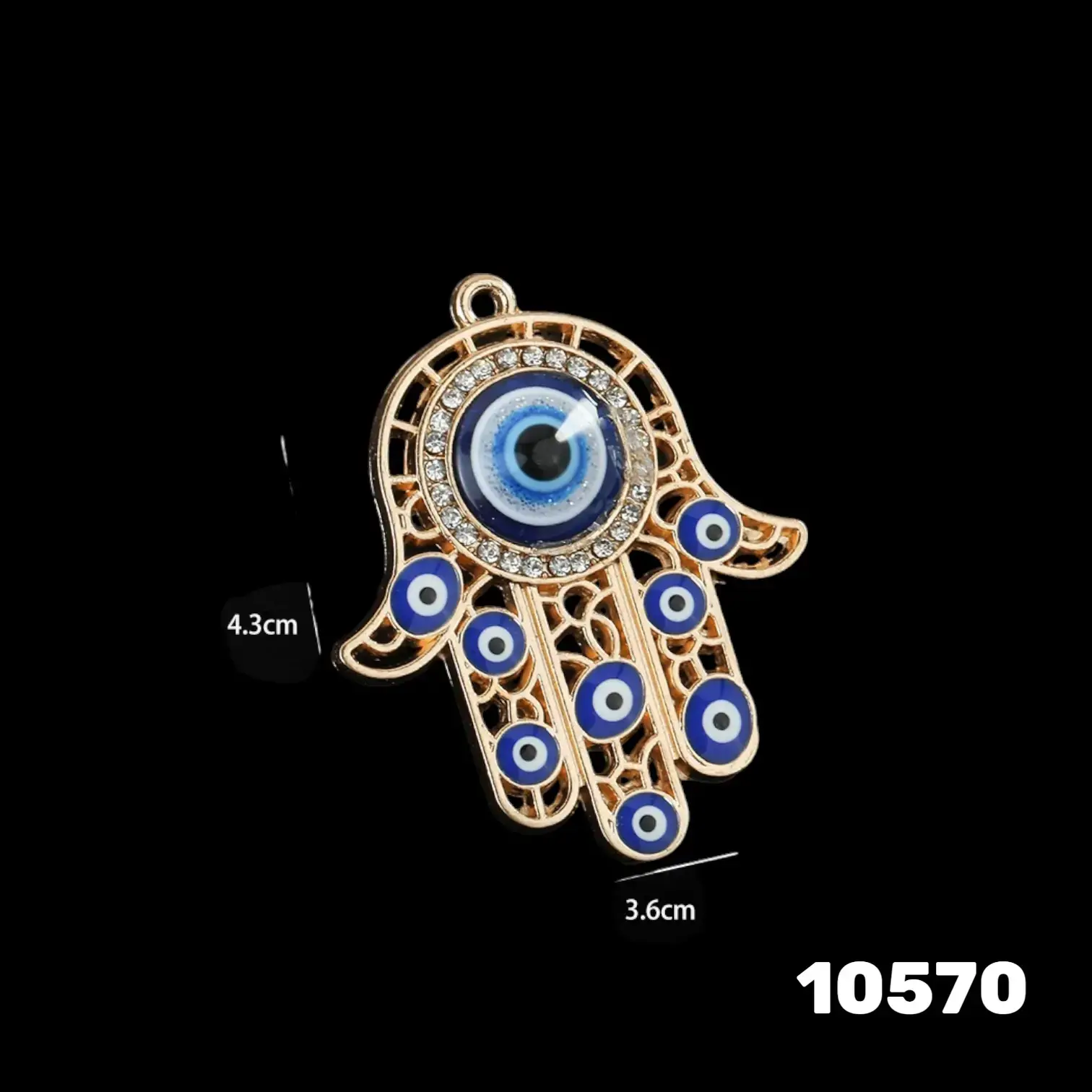 תליון חמסה זהב עם עין כחולה ומשובץ קריסטלים – תליון עין הרע דקורטיבי 4.3×3.6 ס״מ 