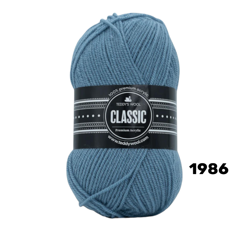 חוט סריגה Teddy's Wool CLASSIC צבע 1986 – כחול אפור / סלייט – 100% אקרילן פרימיום – 100 גרם / 240 מטר