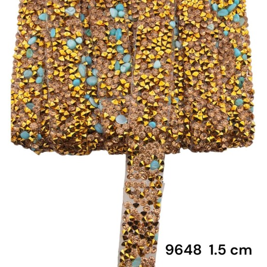 סרט אבנים זהב-טורקיז עם דבק 1.5 ס״מ 9648
