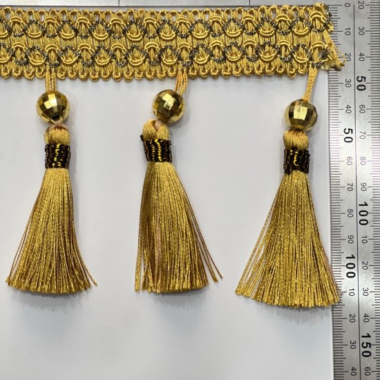 פרנז זהוב דקורטיבי עם חרוזים ופונפונים – 11 ס״מ דגם 8565