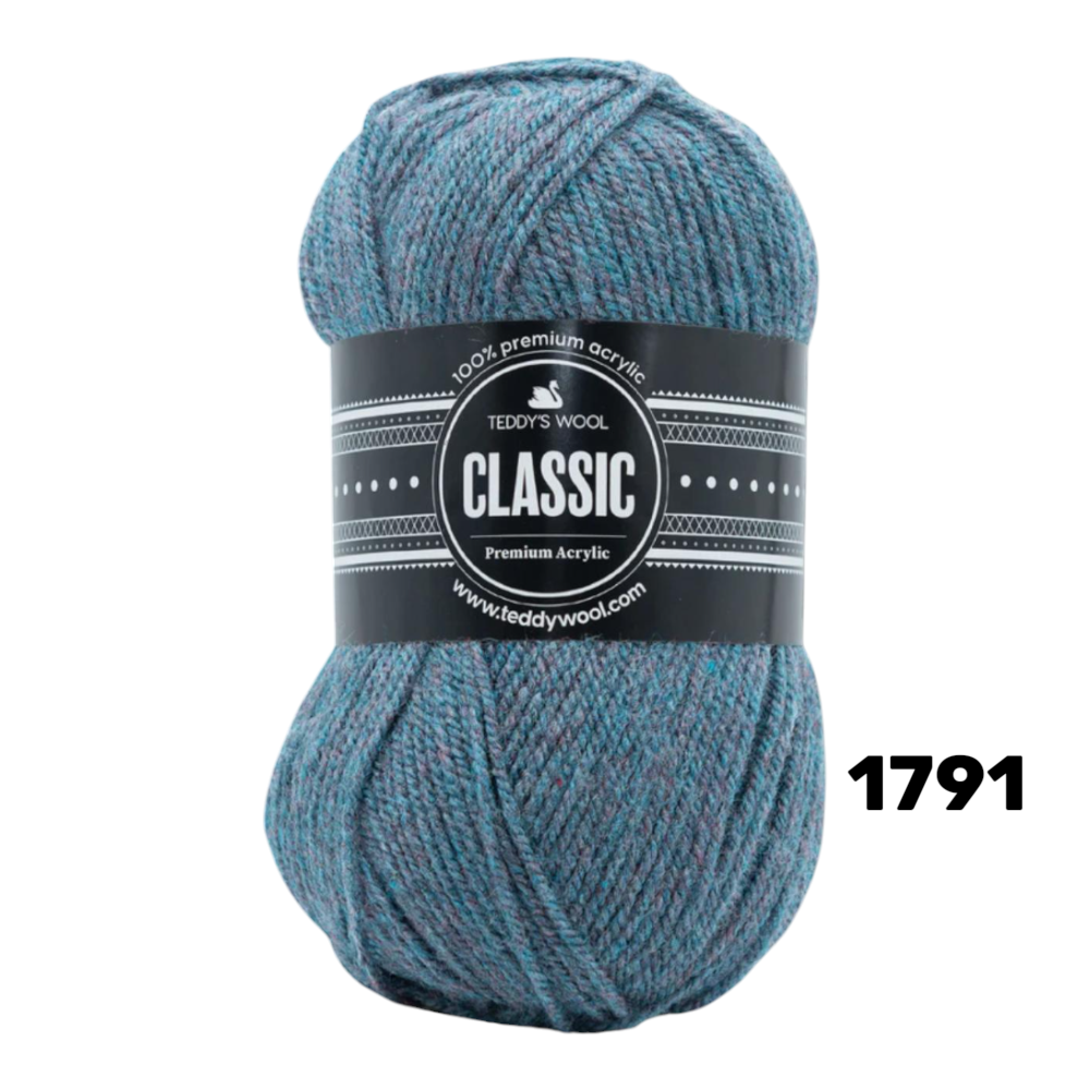 חוט סריגה Teddy's Wool CLASSIC צבע 1791 – כחול מעושן מרל (כחול כהה משולב אפור וטורקיז עדין) – 100% אקרילן פרימיום – 100 גרם / 240 מטר