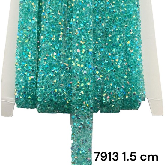 סרט אבנים מיקרו-קריסטל טורקיז הולוגרפי עם דבק 1.5 ס״מ 7913