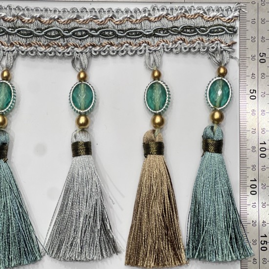 פס קישוט עם גדילים בצבעי כסף, טורקיז וחום 13 ס״מ עם חרוזים דמויי אבן דגם 8622