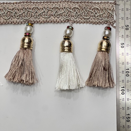 פס קישוט עם גדילים טורקיז־בז’ 10 ס״מ עם חרוזי פנינה וזהב דגם 9246