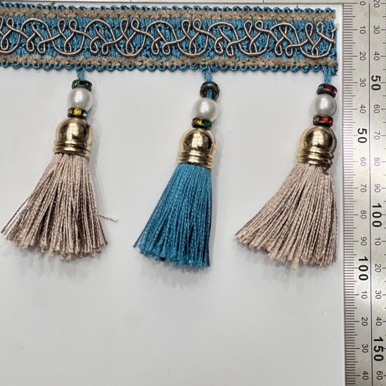 פס קישוט עם גדילים טורקיז־בז’ 10 ס״מ עם חרוזי פנינה וזהב דגם 9247