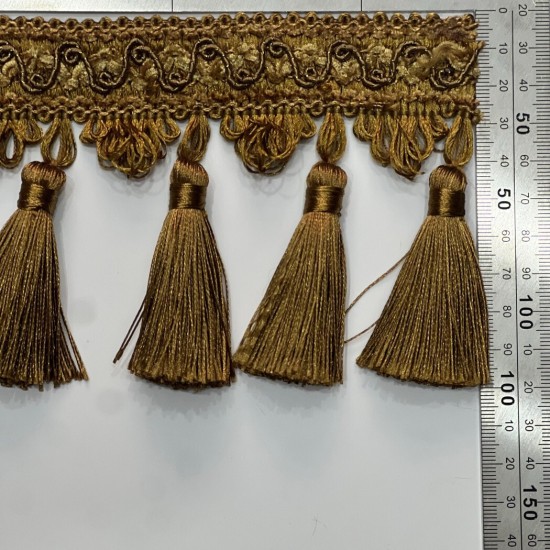 פרנז חוטים זהוב-ברונזה עם עיטורים עליונים – 10 ס״מ 9197