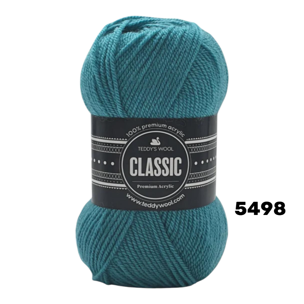 חוט סריגה Teddy's Wool CLASSIC – צבע 5498 כחול טורקיז/פטרול – 100% אקריליק פרימיום – 100 גרם / 220 מטר