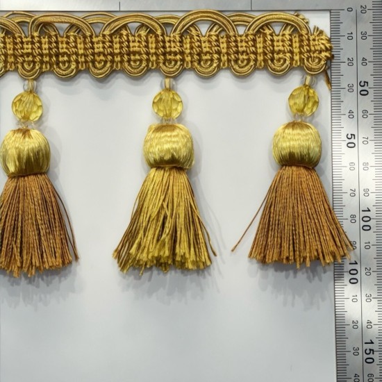 פס קישוט זהב עם חרוז קריסטל וגדילים – גובה 10 ס״מ דגם 9475