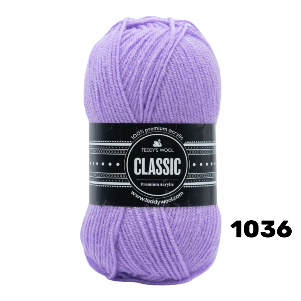 חוט סריגה Teddy's Wool CLASSIC צבע 1036 – לילך בהיר / סגול פסטל – 100% אקרילן פרימיום – 100 גרם / 240 מטר
