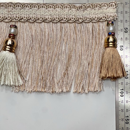 פס קישוט עם גדילים שמנת־בז’ 10 ס״מ עם חרוזי פנינה וזהב דגם 9240