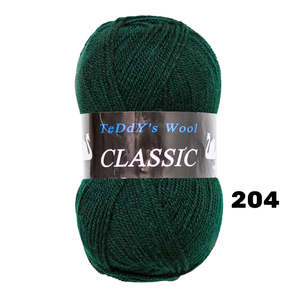 חוט סריגה Teddy's Wool CLASSIC – צבע 204 ירוק יער עמוק – 100% אקריליק פרימיום – 100 גרם / 220 מטר