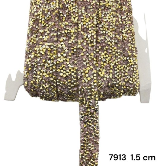 סרט אבנים ליילך‑זהב פירמידלי עם דבק 1.5 ס״מ 7913