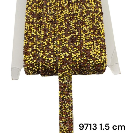 סרט אבנים זהב‑חום פירמידלי עם דבק 1.5 ס״מ 9713