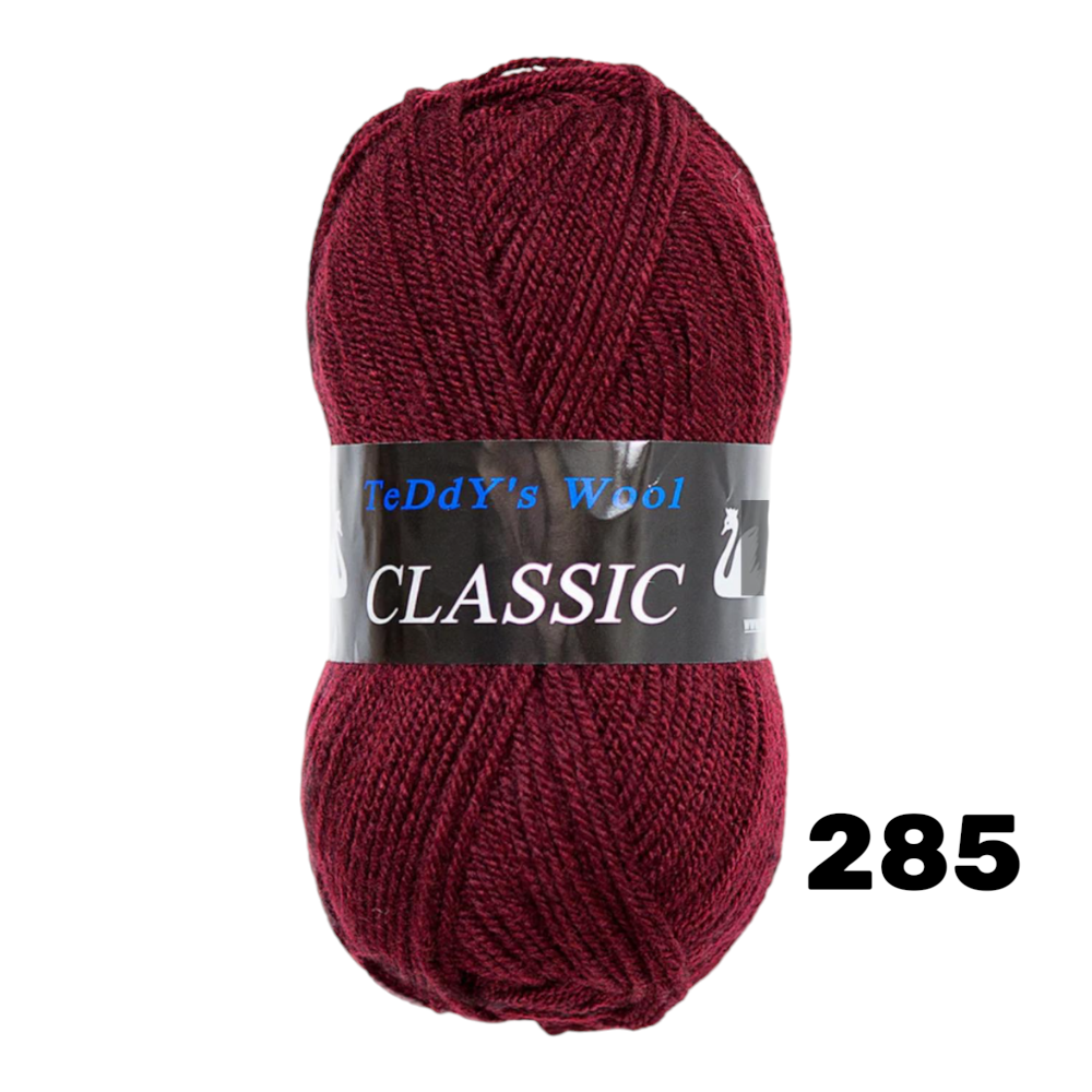 חוט סריגה Teddy's Wool CLASSIC צבע 285 – בורדו כהה – 100% אקרילן פרימיום – 100 גרם / 220 מטר
