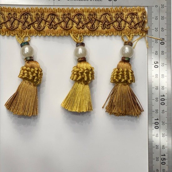 פס קישוט עם גדילים זהב־חרדל 12 ס״מ עם פנינה וקליעה דקורטיבית דגם9477