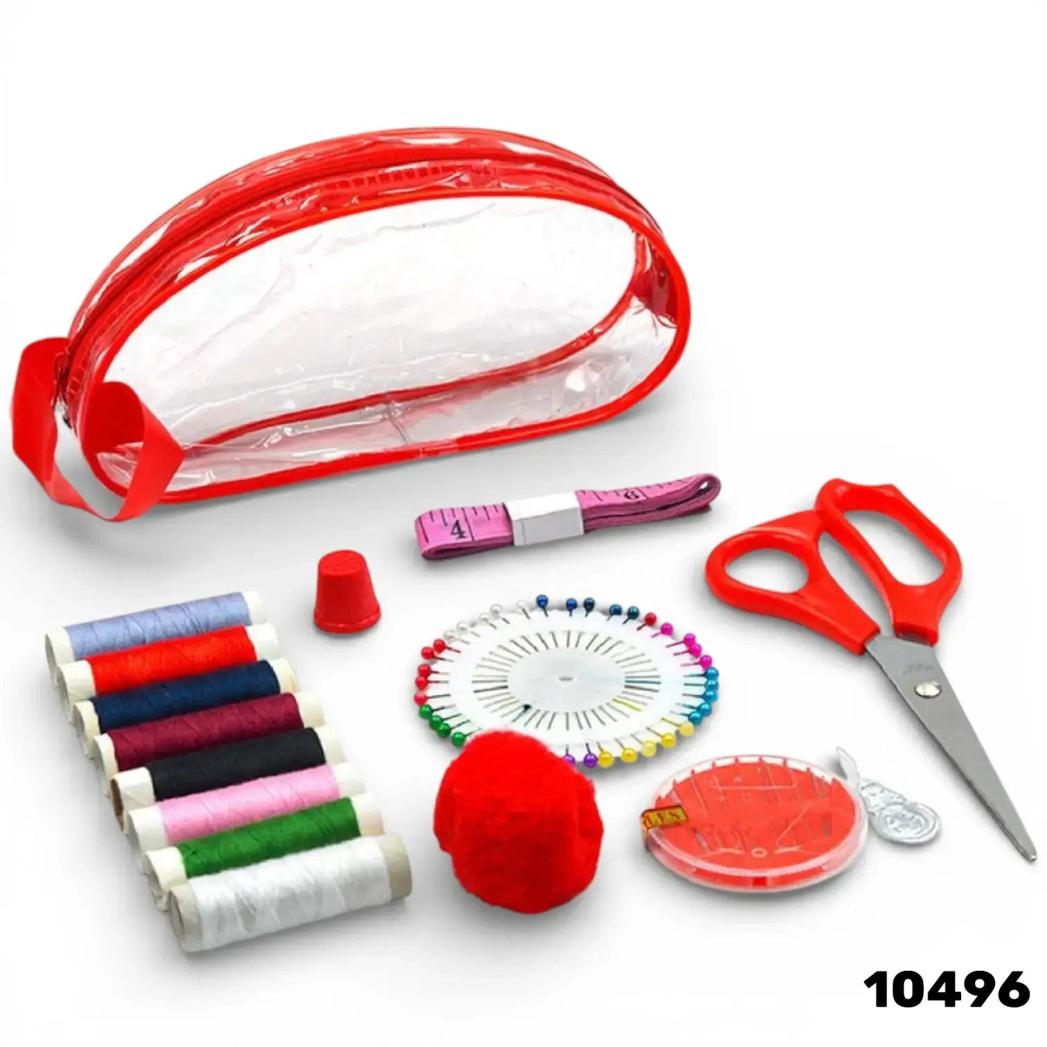 ערכת תפירה קומפקטית בתיק שקוף אדום – סט בסיסי לתיקונים בבית ובנסיעות 