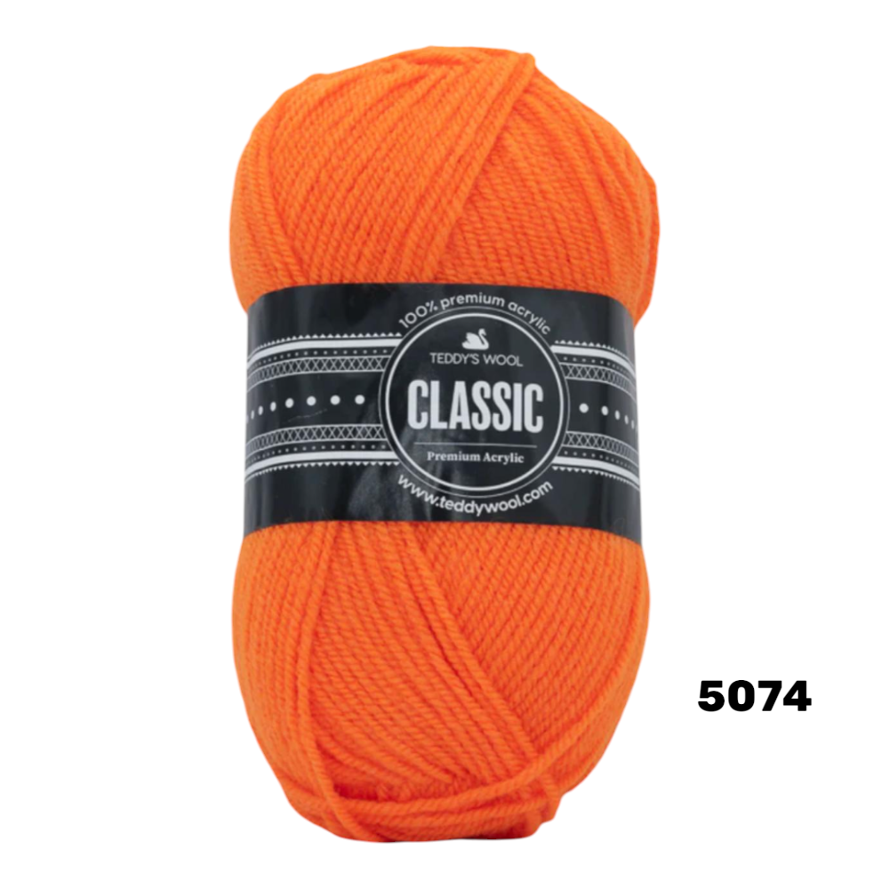 חוט סריגה Teddy's Wool CLASSIC צבע 5074 – כתום זוהר / ניאון – 100% אקרילן פרימיום – 100 גרם / 240 מטר
