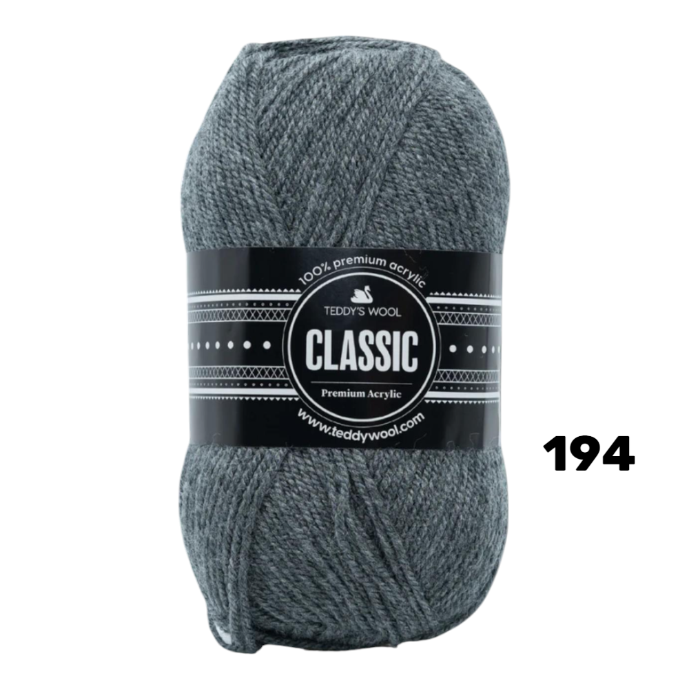 חוט סריגה Teddy's Wool CLASSIC צבע 194 – אפור כהה מרל – 100% אקרילן פרימיום – 100 גרם / 240 מטר