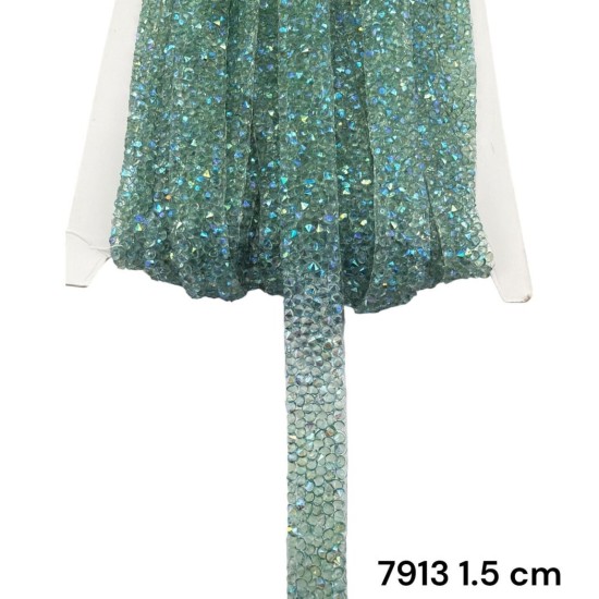 סרט אבנים מיקרו-קריסטל טורקיז הולוגרפי עם דבק 1.5 ס״מ 7913