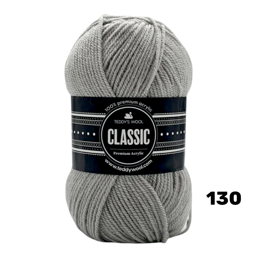 חוט סריגה Teddy's Wool CLASSIC – צבע 130 אפור בינוני – 100% אקריליק פרימיום – 100 גרם / 220 מטר