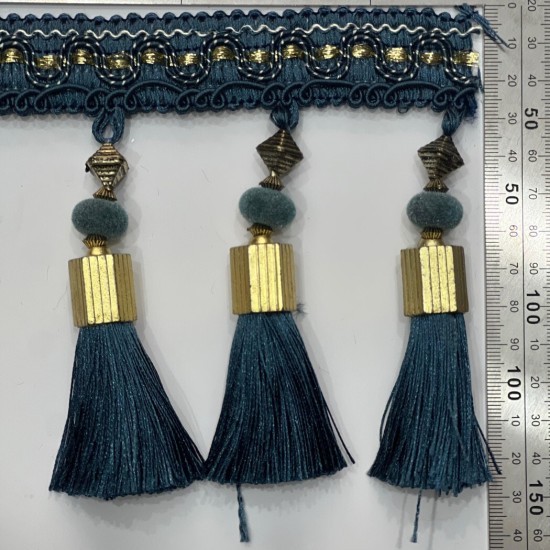 פס קישוט עם גדילים כחול נייבי 12 ס״מ עם חרוזים דקורטיביים דגם 9241