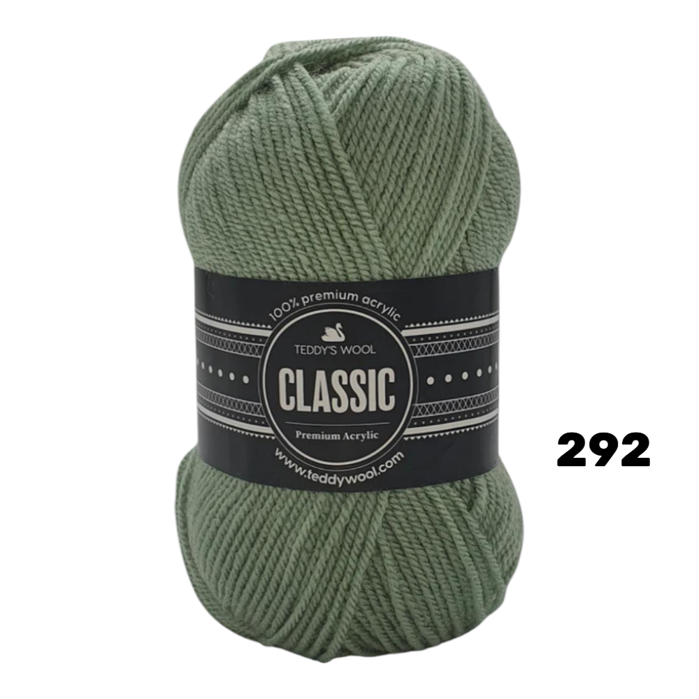 חוט סריגה Teddy's Wool CLASSIC – צבע 292 ירוק זית/סייג' – 100% אקריליק פרימיום – 100 גרם / 220 מטר