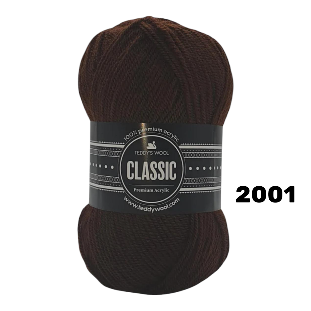 חוט סריגה Teddy's Wool CLASSIC – צבע 2001 חום שוקולד כהה – 100% אקריליק פרימיום – 100 גרם / 220 מטר